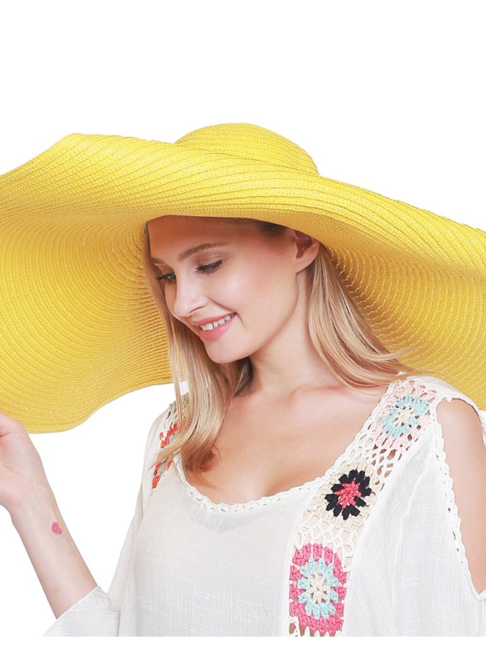 Mustard Yellow Super Wide Dense Weave Packable Straw Hat 10 Inches Wired Edge - Picture 2 of 3